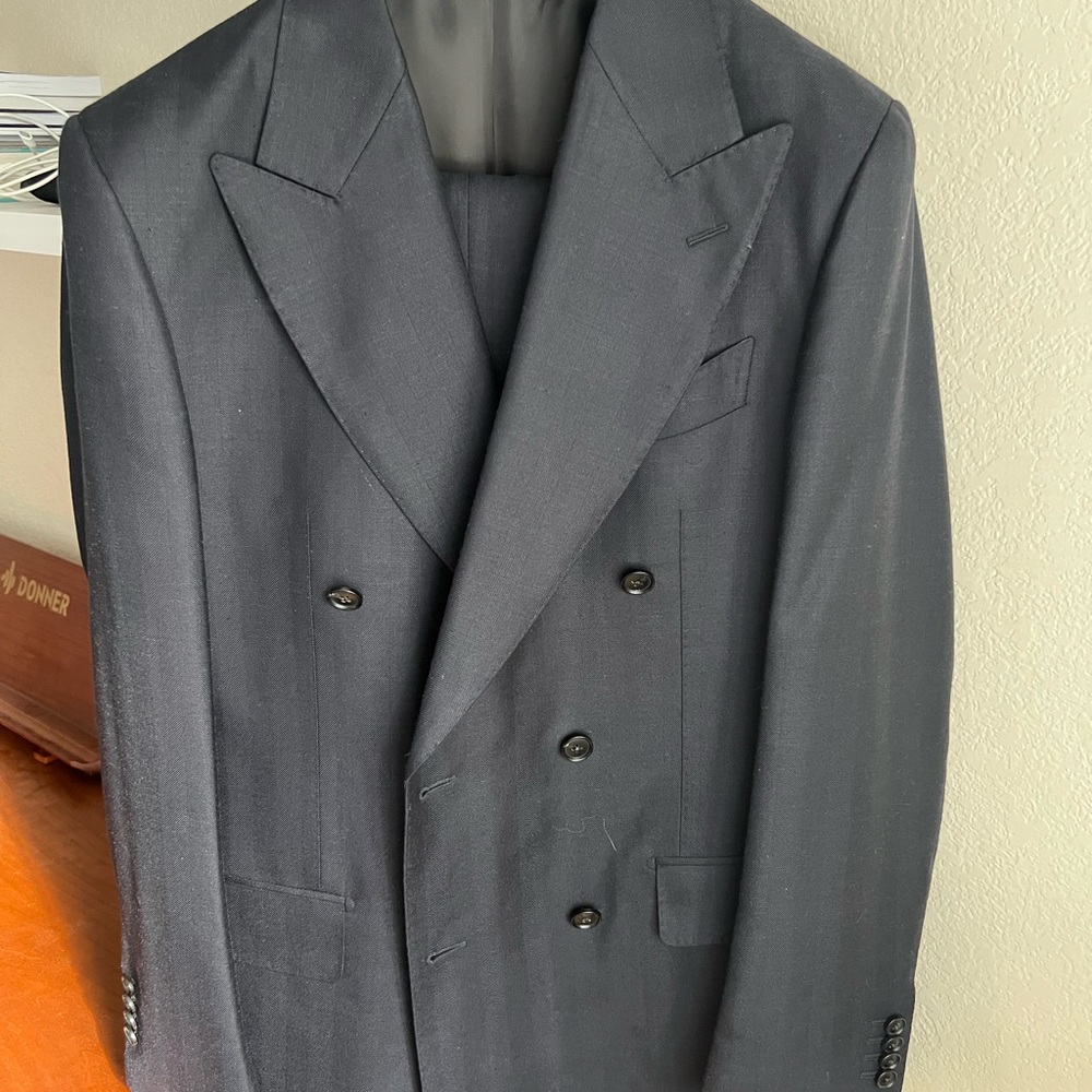 New Suitsupply Navy Herringbone Double-Breasted Suit / 40R / Wool + Silk + Linen